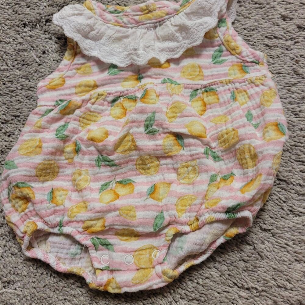 Abby & Evie Baby Girl Lemon Romper Pink Striped Ruffle Collar 3M